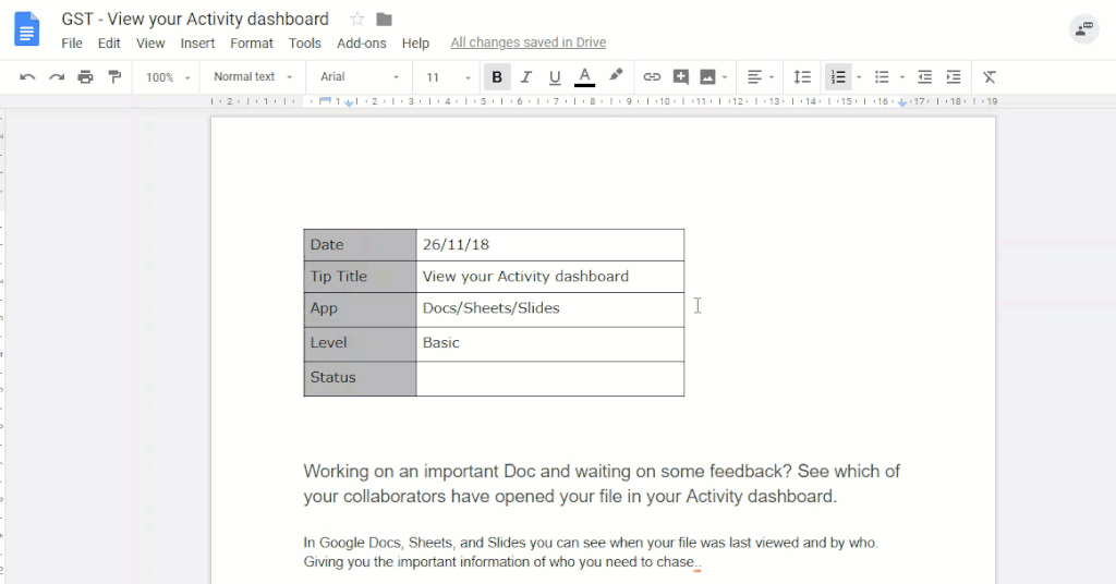 Display document viewing history in Google Docs, Sheets, Slides with Activity dashboard