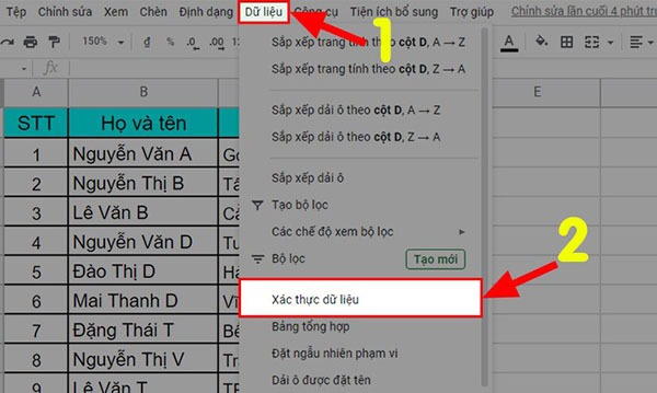 Xác thực dữ liệu nhập vào các ô