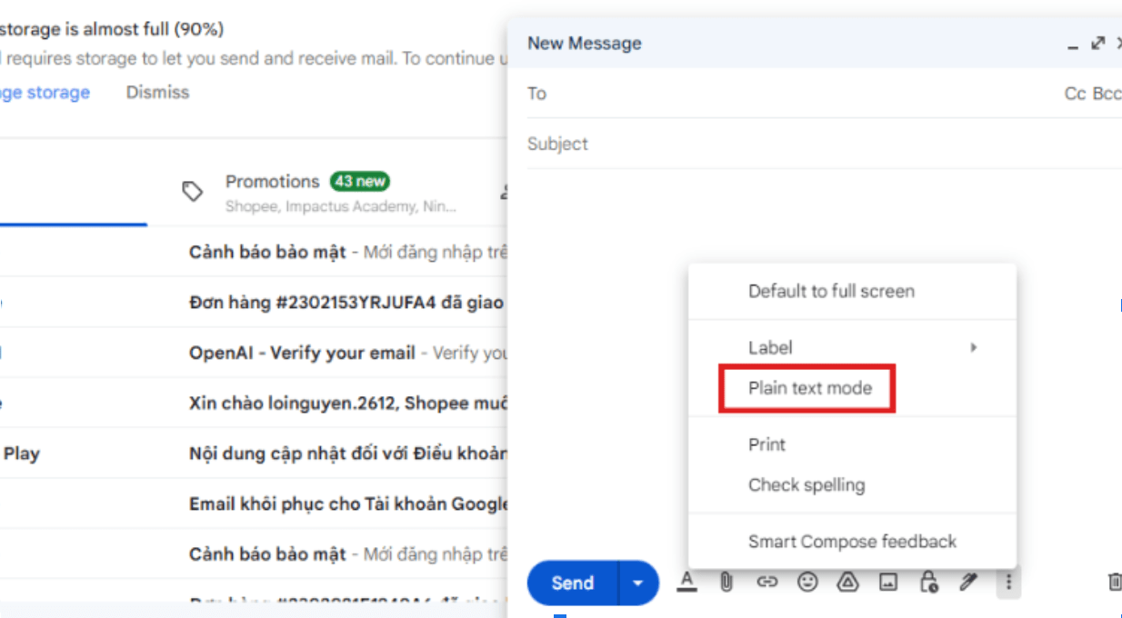 Chuyển dùng Plain Text Mode khi gửi thư để giải phóng bộ nhớ