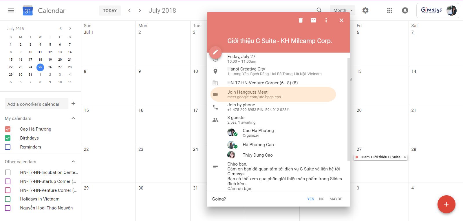 Giao diện Google Calendar 2