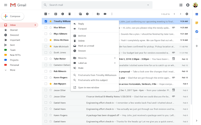 Những tùy chọn menu mới trong Gmail với chế độ hội thọai tắt