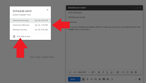 Instructions on how to use the Gmail send timer feature 1