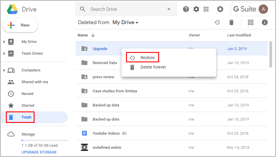 khôi phục dữ liệu đã xóa trên google drive