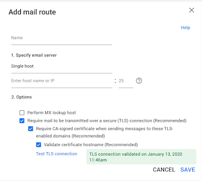 TLS and all certificate validations are now enabled by default when creating a new mail route.