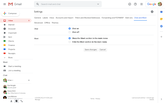 New setting for users to be able to hide or show Google Meet in Gmail