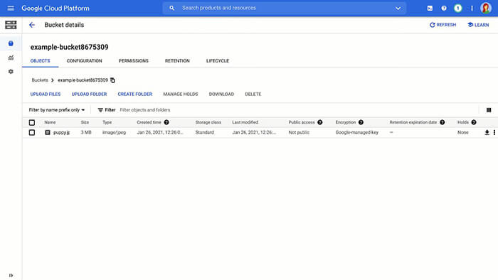 Google cloud console example bucket