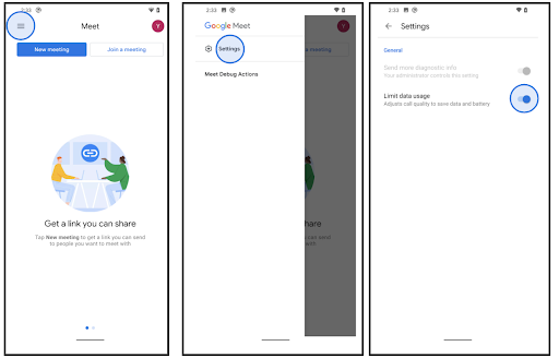 Enable Data Usage Limit in Google Meet Settings on Android