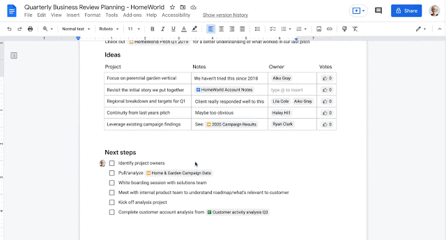 Chèn smart chips cho tệp tin và cuộc họp và tạo checklists trong Google Docs 3