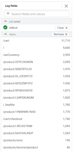 Trường Aggregated Logs hiển thị số lượng entry cho mỗi giá trị nhật ký http_req_path (thông báo / sản phẩm / lỗi và / sản phẩm / sản phẩm không chính xác)