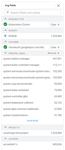 Log fields show the number of log entries for each principalEmail value