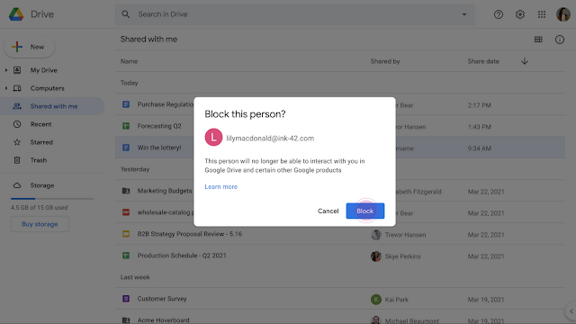 Google Drive: chặn chia sẻ từ một người dùng khác