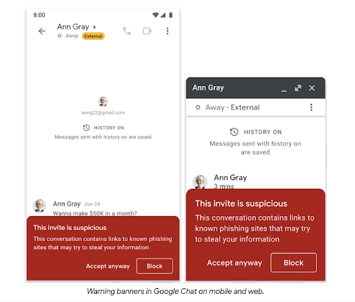 Google Chat bổ sung banner mới bảo vệ khỏi các liên kết độc hại 1