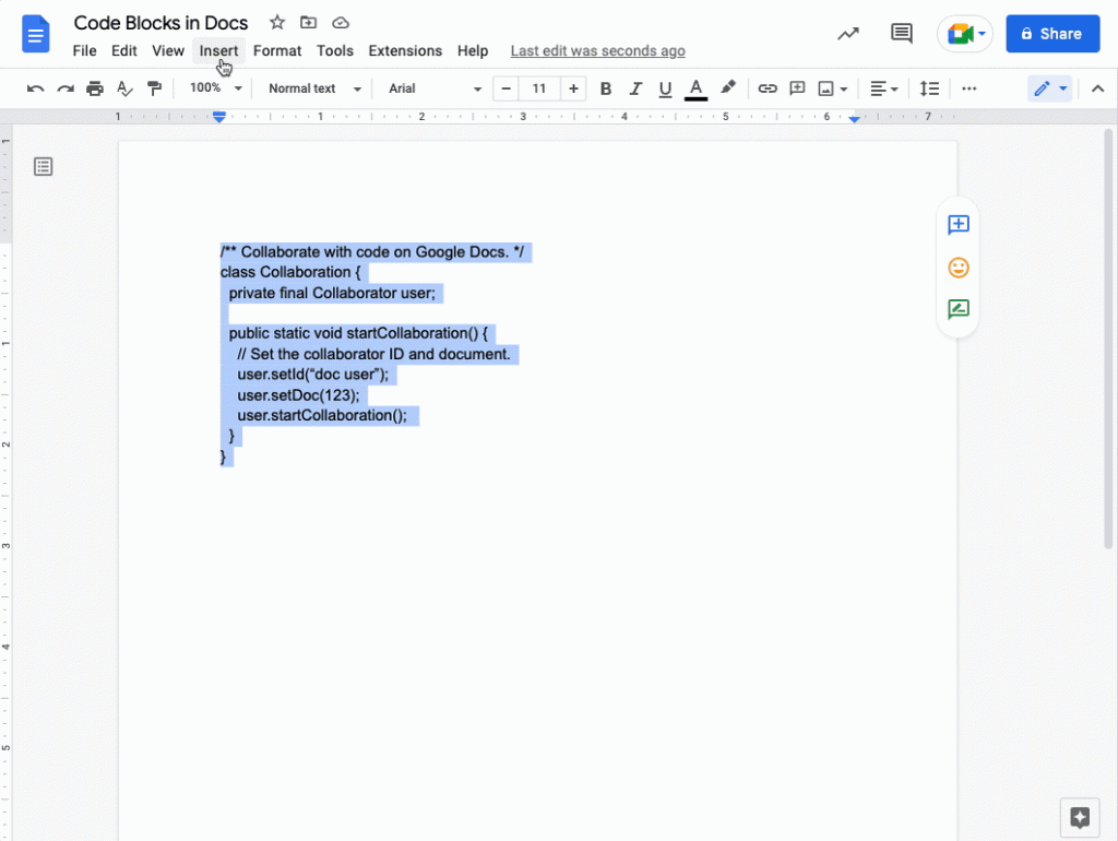 Google Docs supports formatting and displaying code 1