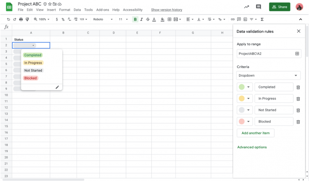 Google Sheet cho phép tạo các Chips drop-down 2