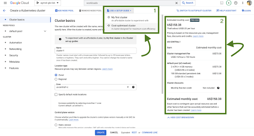 Figure 7 - Instructions for setting up a cluster (1) and estimating the cost of creating a cluster (2)