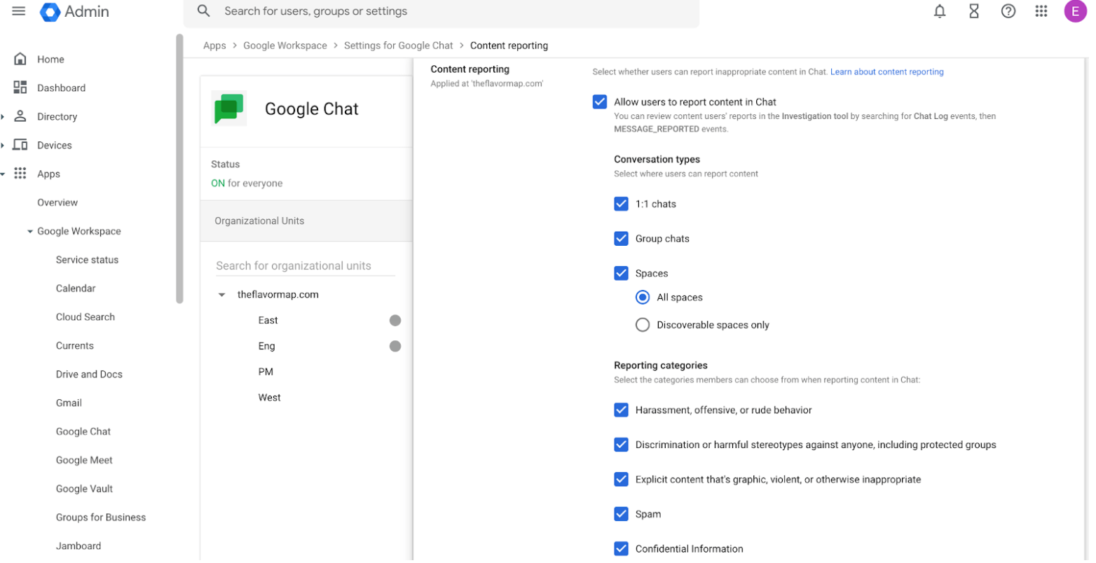 When you turn content reporting on, you can select which reporting categories to show to your users and which conversation types content reporting is available for.