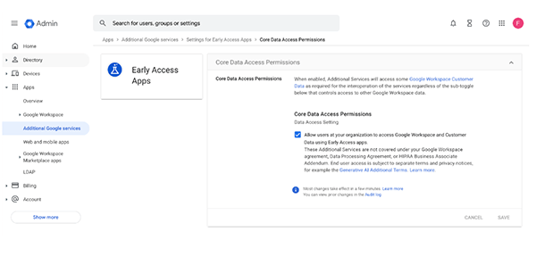 Turning Early Access Apps on or off in the Admin Console