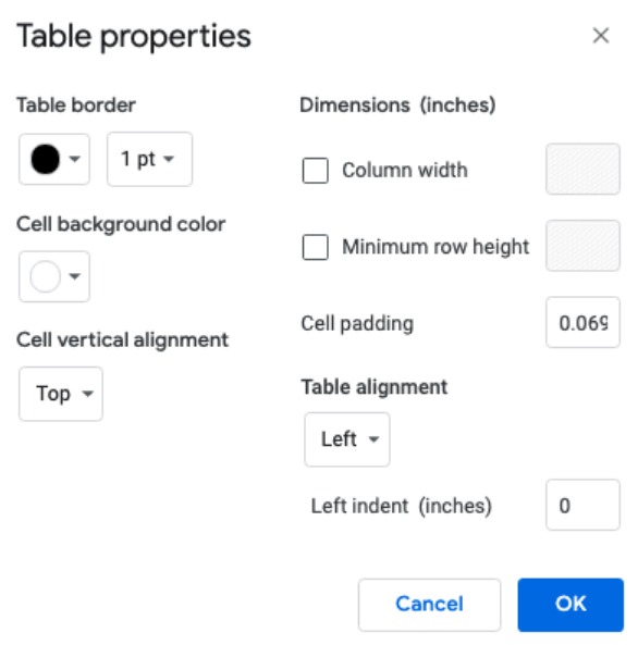 Nhấp chuột phải và mở Table properties để tô màu ô 2