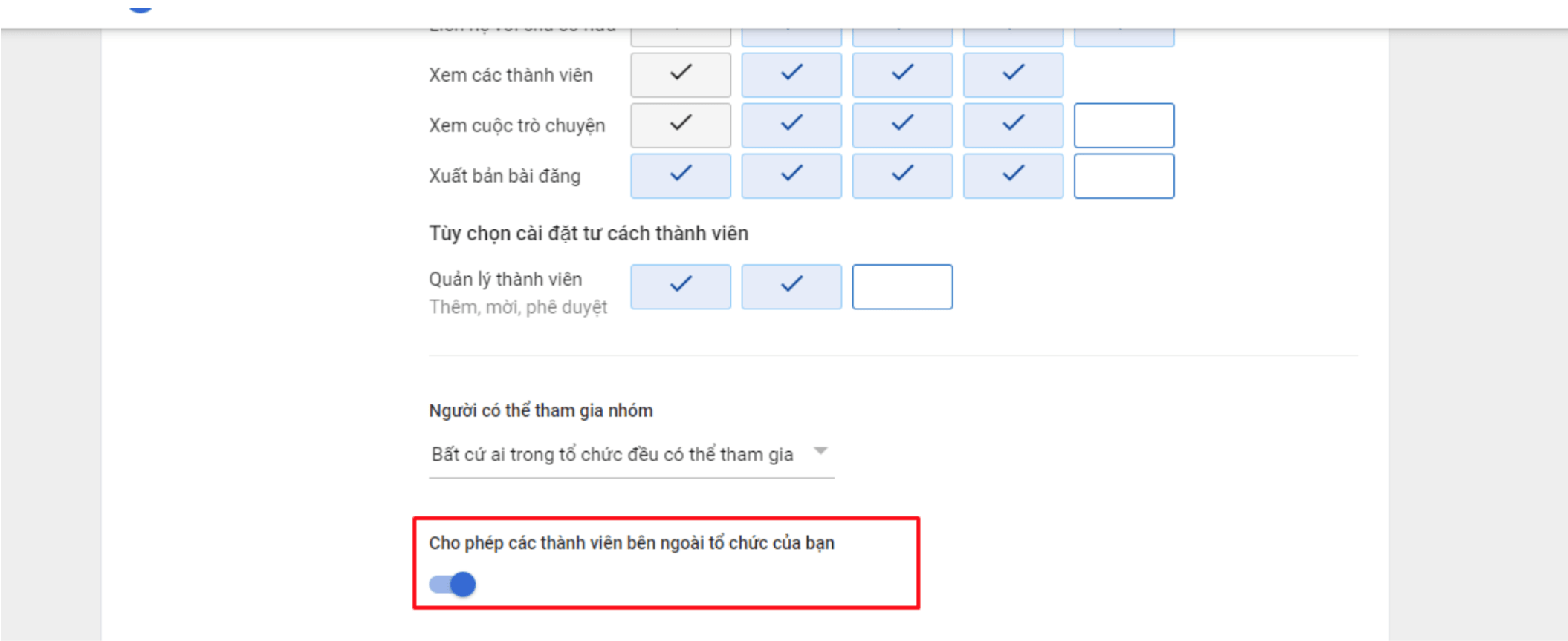 Chế độ “công khai” và cho phép thành viên bên ngoài tổ chức của bạn