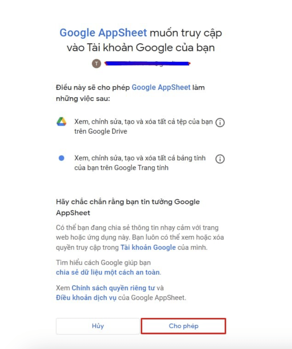 Đăng nhập vào Appsheet bằng tài khoản Google