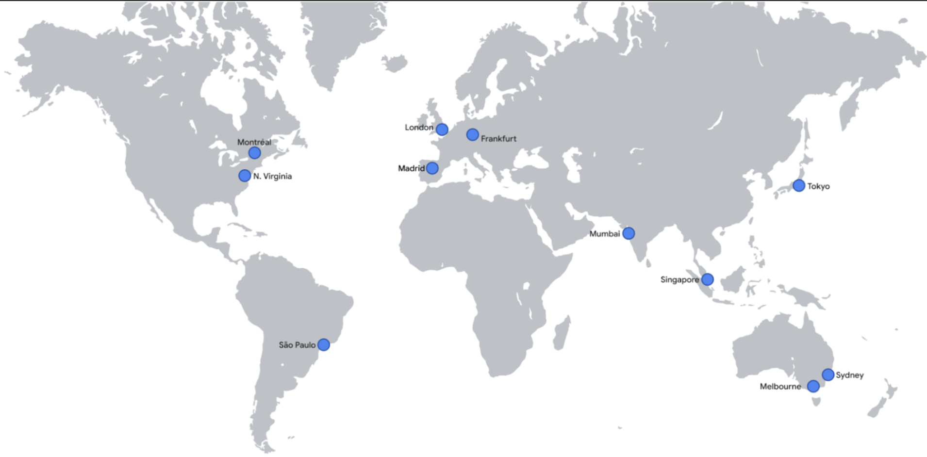 Google Cloud - OCI interconnected regions at launch: Montréal, N. Virginia, São Paulo, London, Madrid, Frankfurt, Mumbai, Singapore, Tokyo, Melbourne, and Sydney.