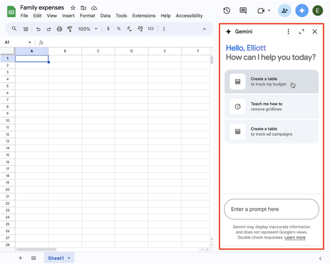 Gemini in the Sheets toolbar