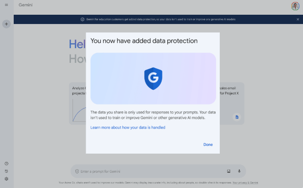 Bảo Vệ Dữ Liệu Bổ Sung Trong Gemini (gemini.google.com) Khi Sử Dụng Tài Khoản Trường Học Hiện đã Khả Dụng