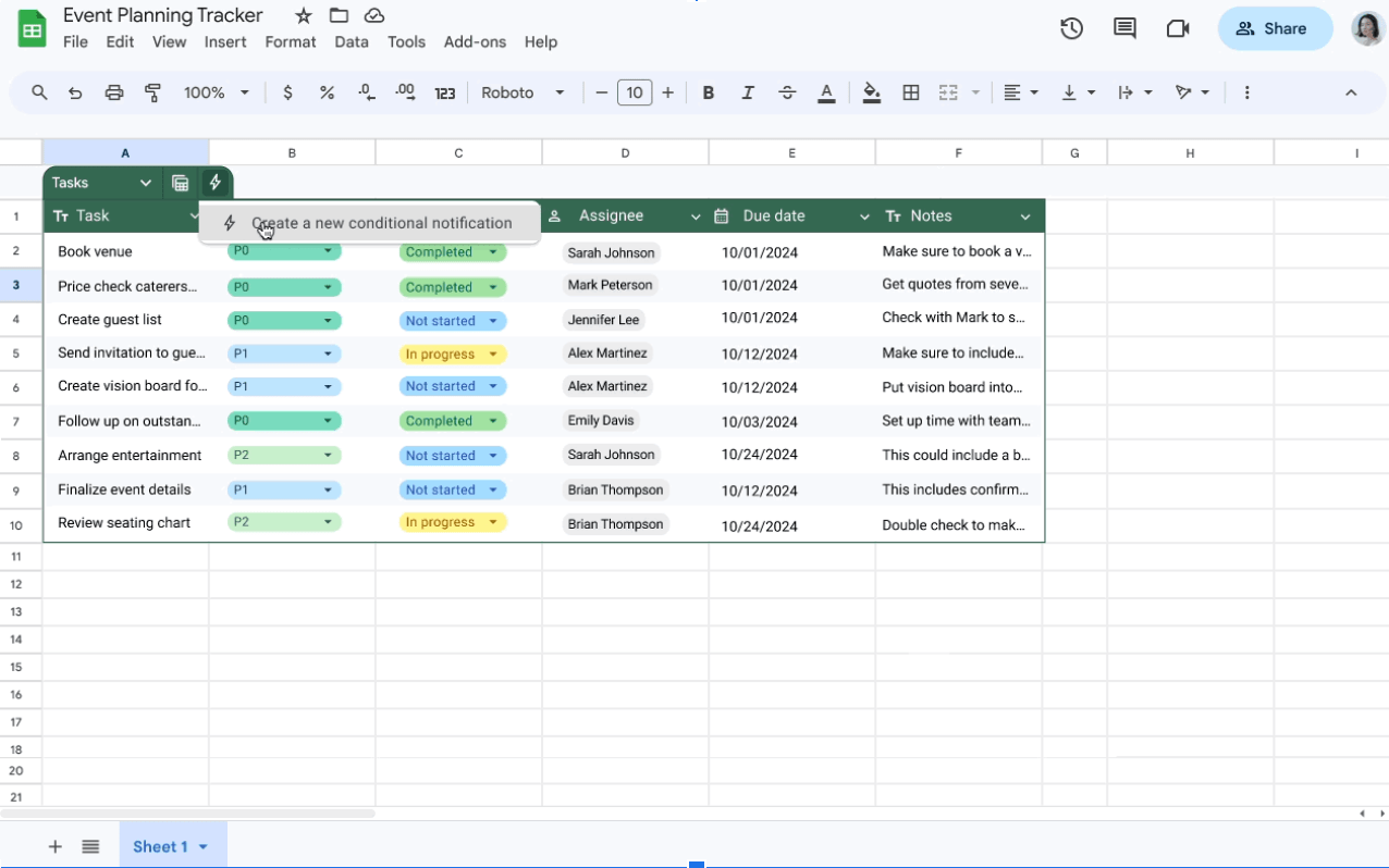 Bảng trong Google Sheets hiện được tích hợp với thông báo có điều kiện 1