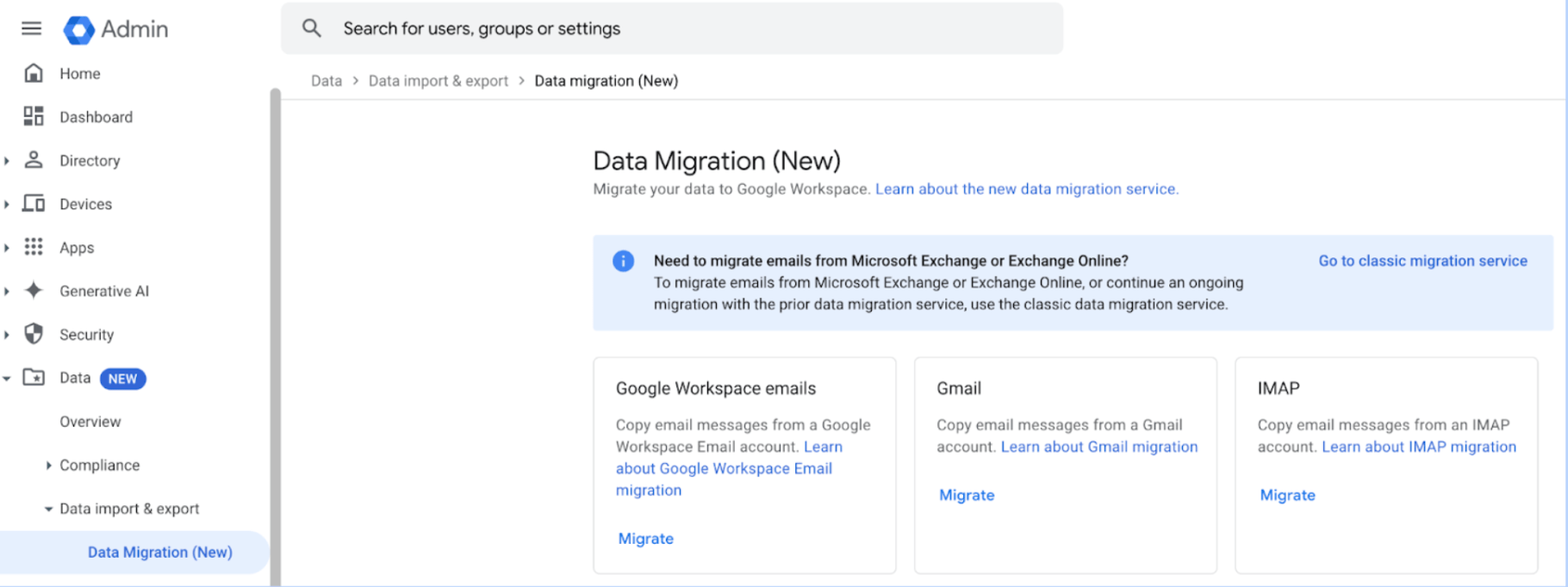 Admin console > Data > Data Import & Export > Data Migration