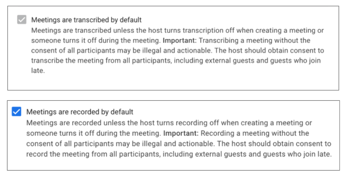 Ứng dụng> Google Workspace > Google Meet > Cài đặt Google Meet > Automatic transcription/recording