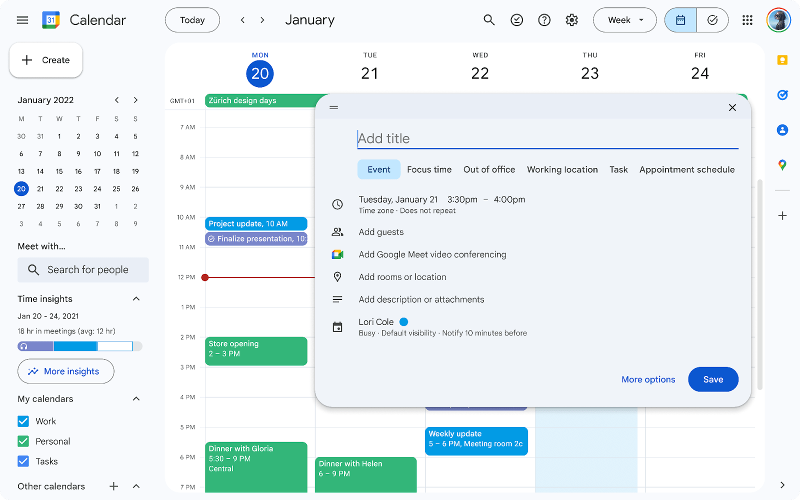 Calendar on web in light mode