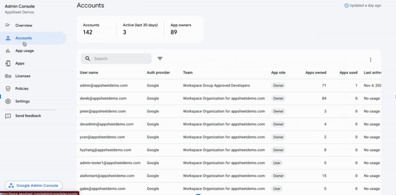 Bảng điều khiển quản trị AppSheet - Mục tài khoản